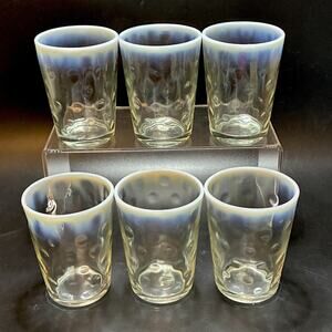 Victorian Opalescent Ring of Fire Optic Dot Tumblers 4in Antique Glass Set 6